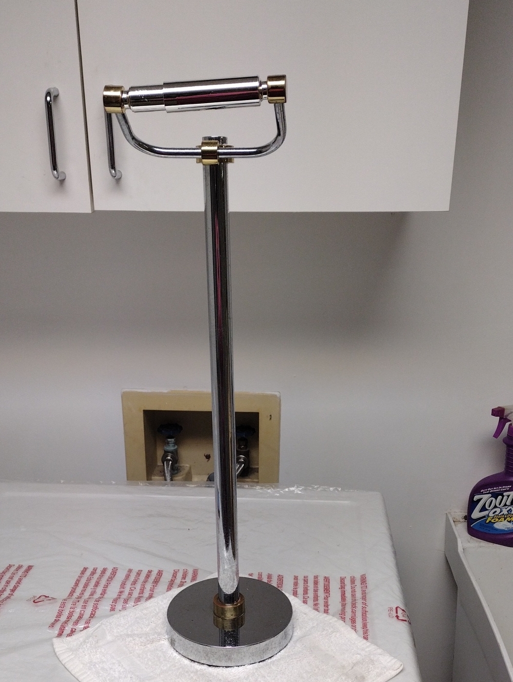 Chrome and Gold Paper Towel Holder used as pictured Sleek Vertical Design